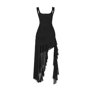 Strike A Pose Asymmetrical Ruched Evening Gown - Women'S Sleeveless Square Neck Dress With Dramatic Cascading Ruffles - sneakershuborg