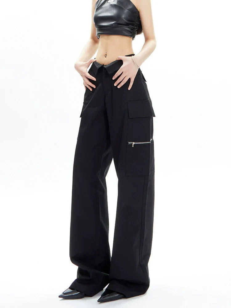 Wide-Leg Cargo Pants with Collar Waistband sneakershuborg