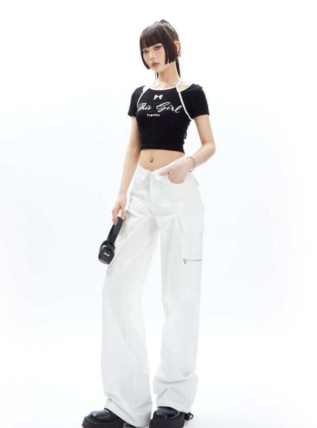 Wide-Leg Cargo Pants with Collar Waistband sneakershuborg