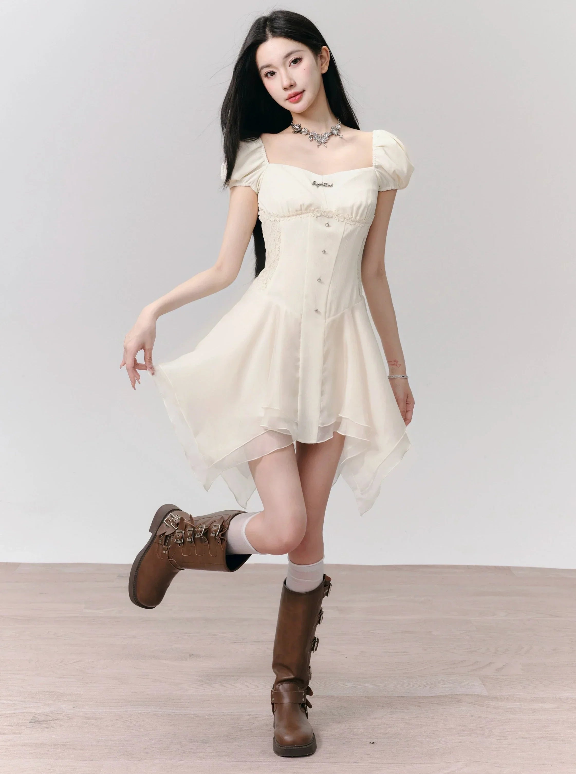 Romantic White Puff Sleeve Mini Dress - Corset-Style Bodice with Handkerchief Hem sneakershuborg