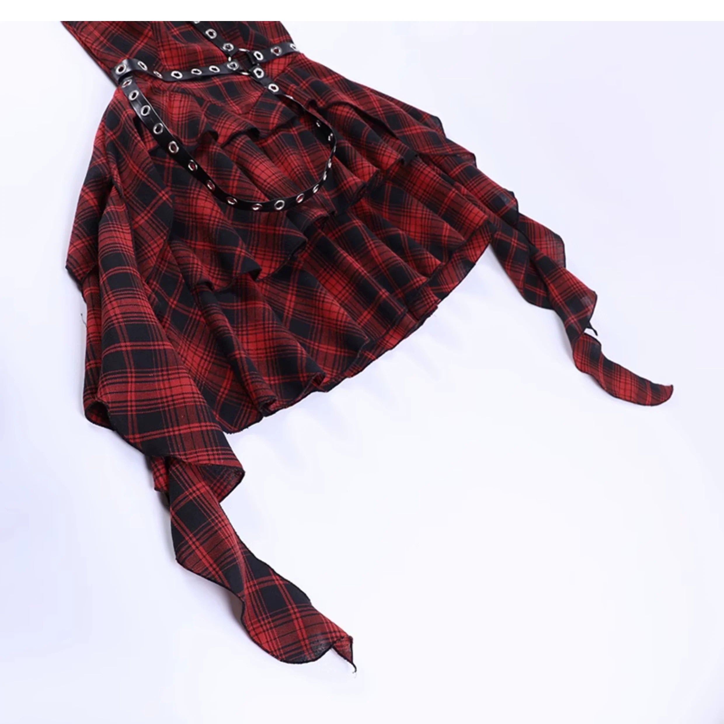 Wannathis Punk Tartan Mini Dress - Red Plaid Ruffle Tiered Goth Dress With Studded Harness - sneakershuborg