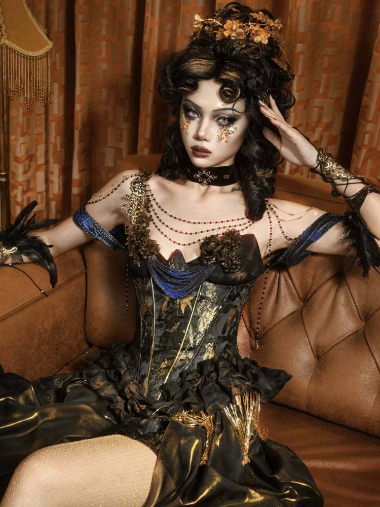 Victorian Steampunk Corset Dress - Gold Satin Gothic Ball Gown sneakershuborg