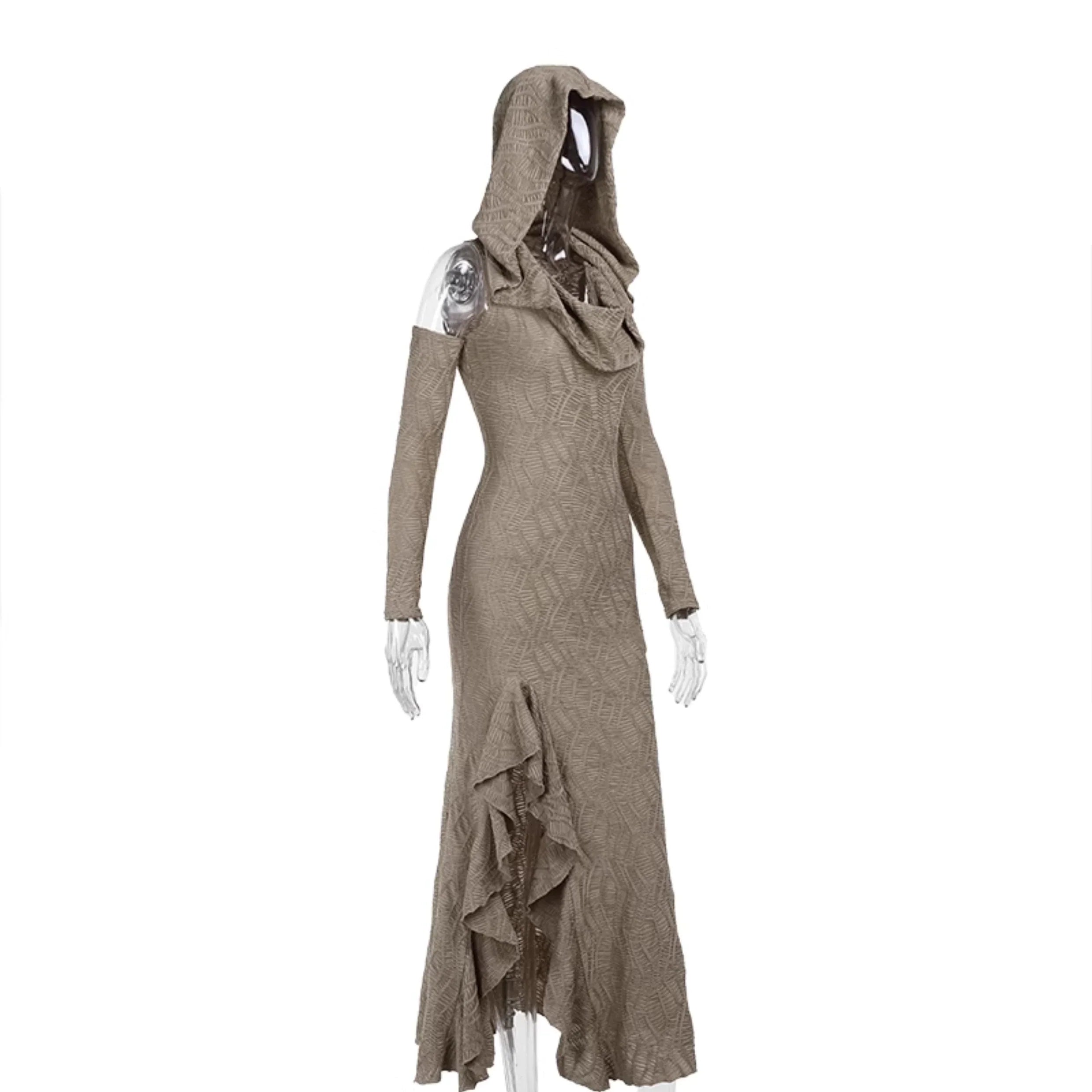 Wannathis Avant-Garde Hooded Maxi Dress - Taupe Cold Shoulder Gown With Ruffle Detail - sneakershuborg