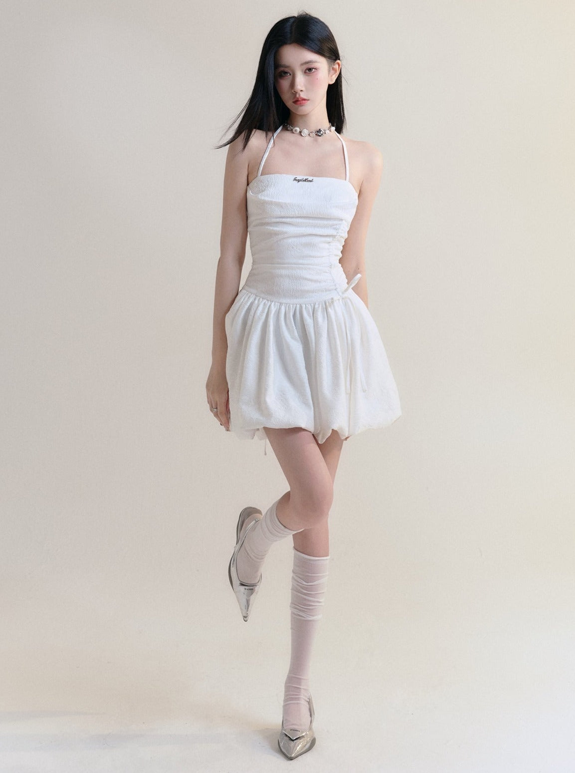 Angelic White Halter Mini Sundress with Ruched Bodice sneakershuborg