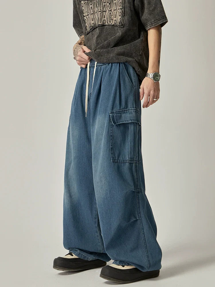 Wide-Leg Washed Black Cargo Jeans with Drawstring Waist sneakershuborg