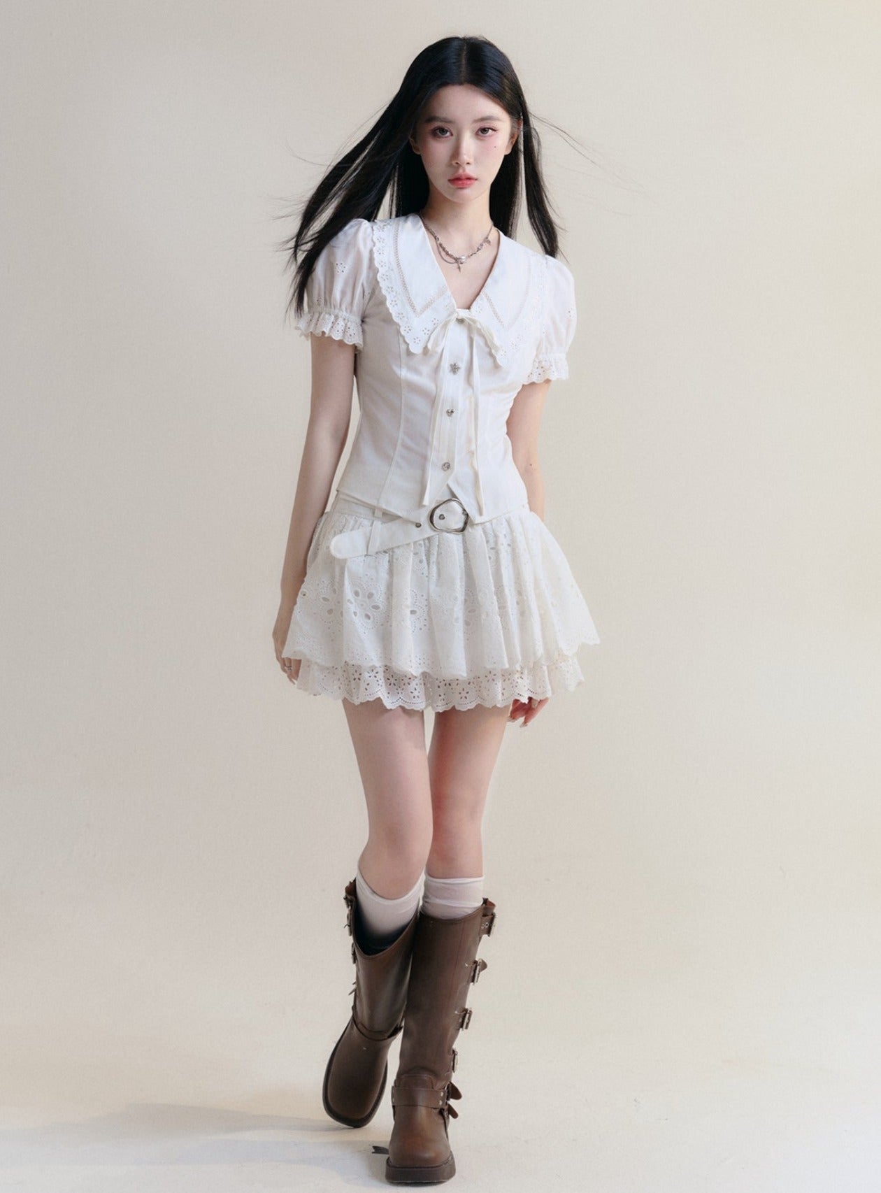 White Lace Collar Blouse and Eyelet Skirt Set sneakershuborg