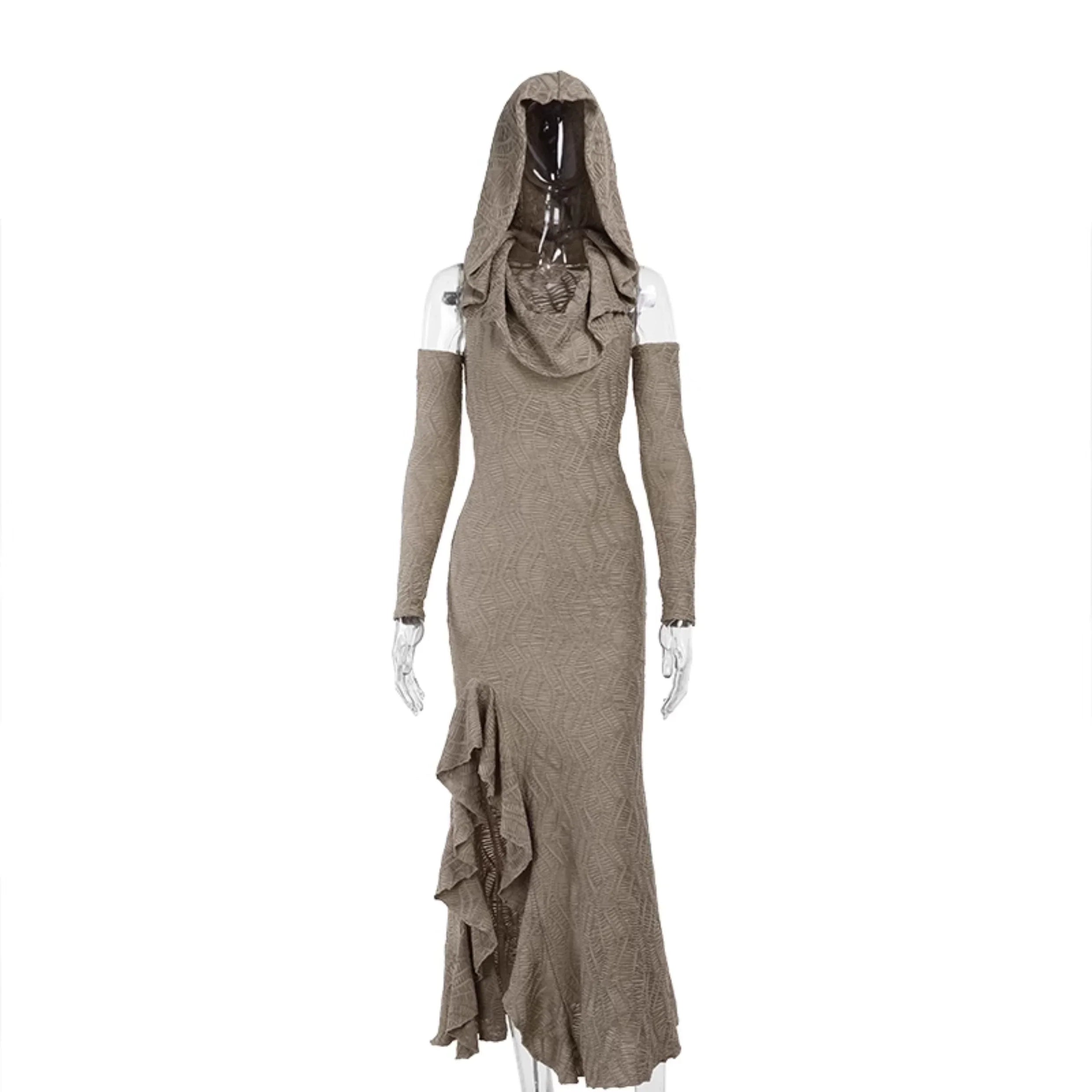 Wannathis Avant-Garde Hooded Maxi Dress - Taupe Cold Shoulder Gown With Ruffle Detail - sneakershuborg