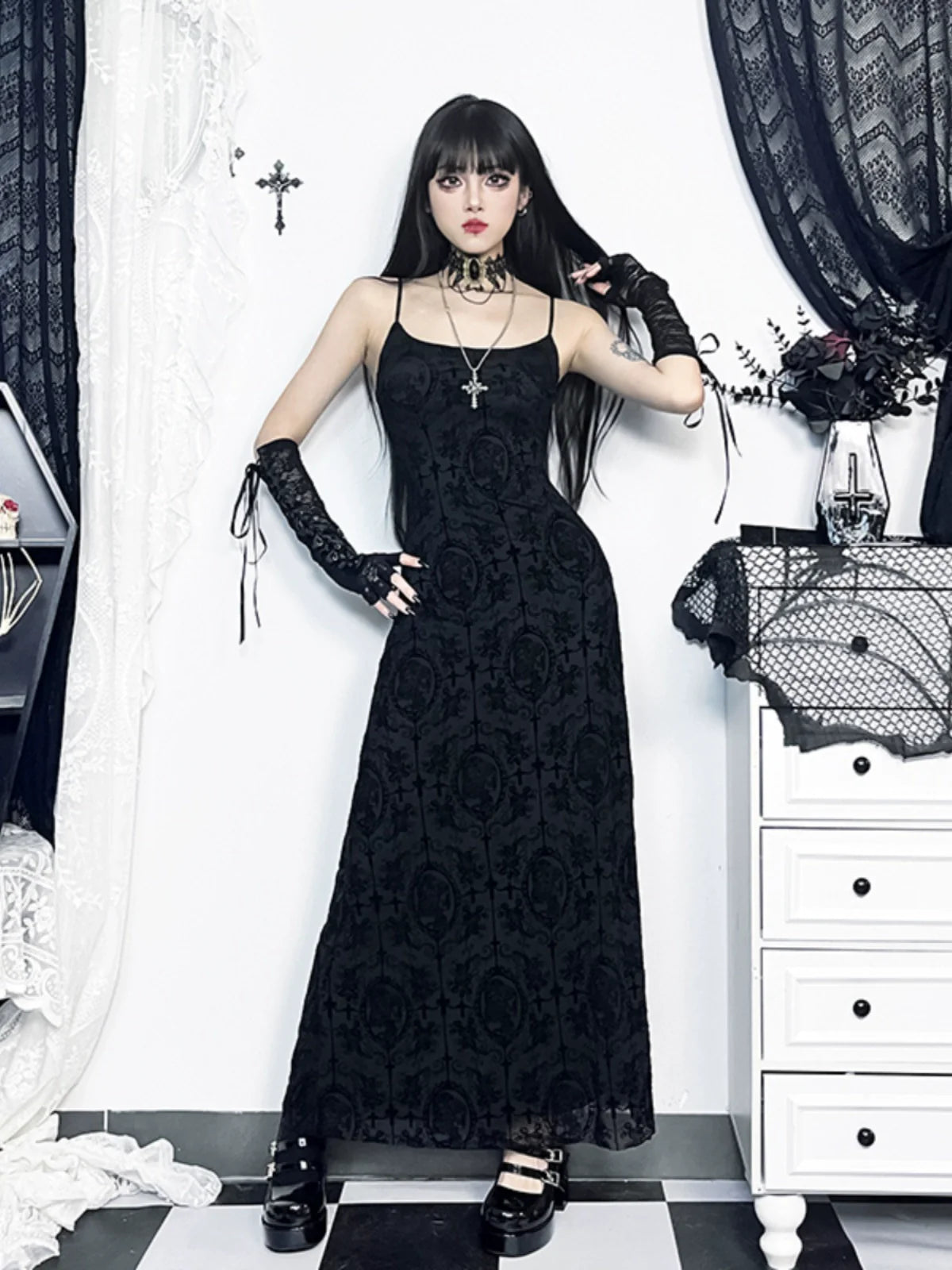 Wannathis Gothic Velvet Maxi Dress - Black Spaghetti Strap Burnout Gown With Lace-Up Arm Warmers - sneakershuborg