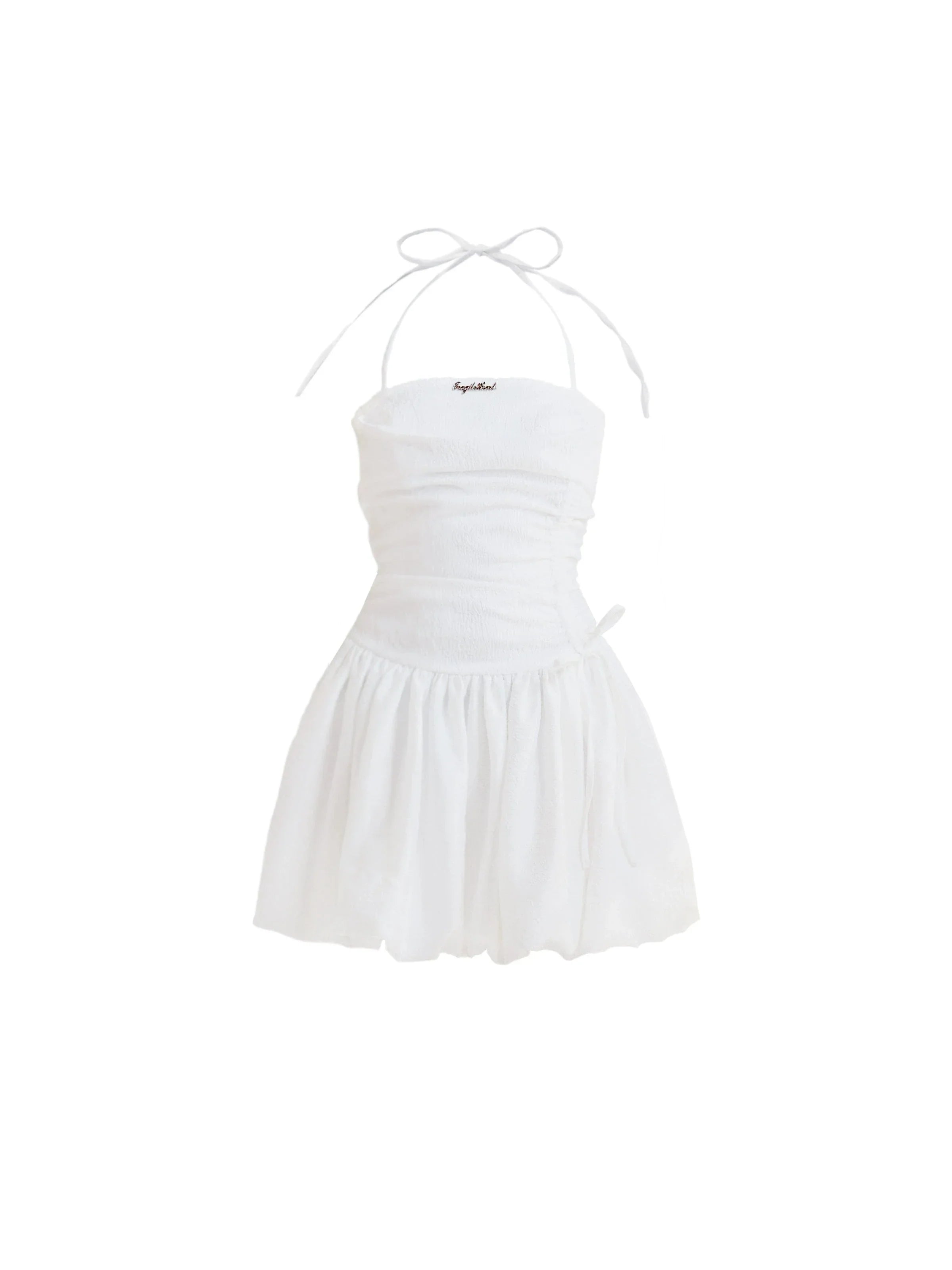 Angelic White Halter Mini Sundress with Ruched Bodice sneakershuborg