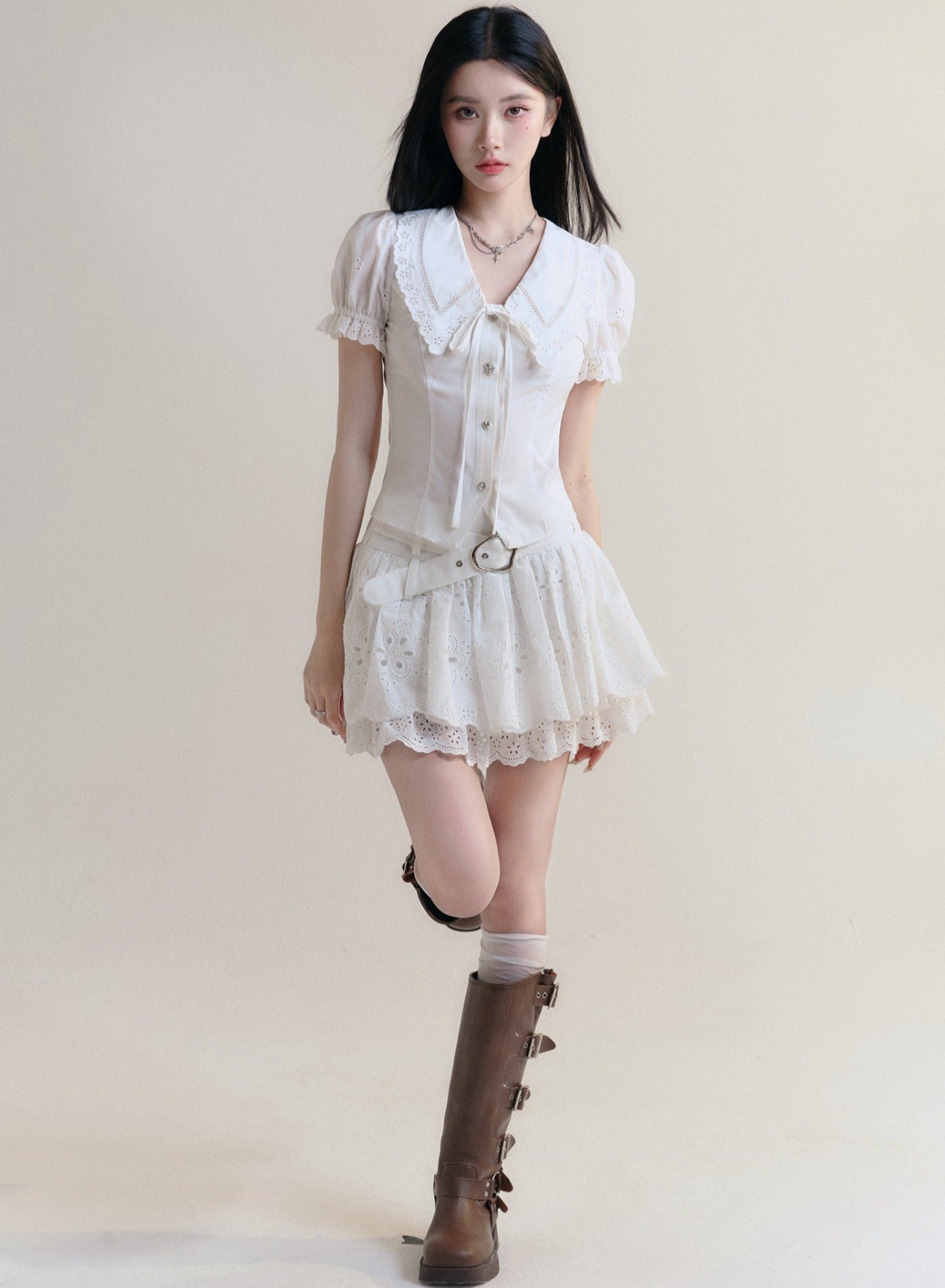 White Lace Collar Blouse and Eyelet Skirt Set sneakershuborg