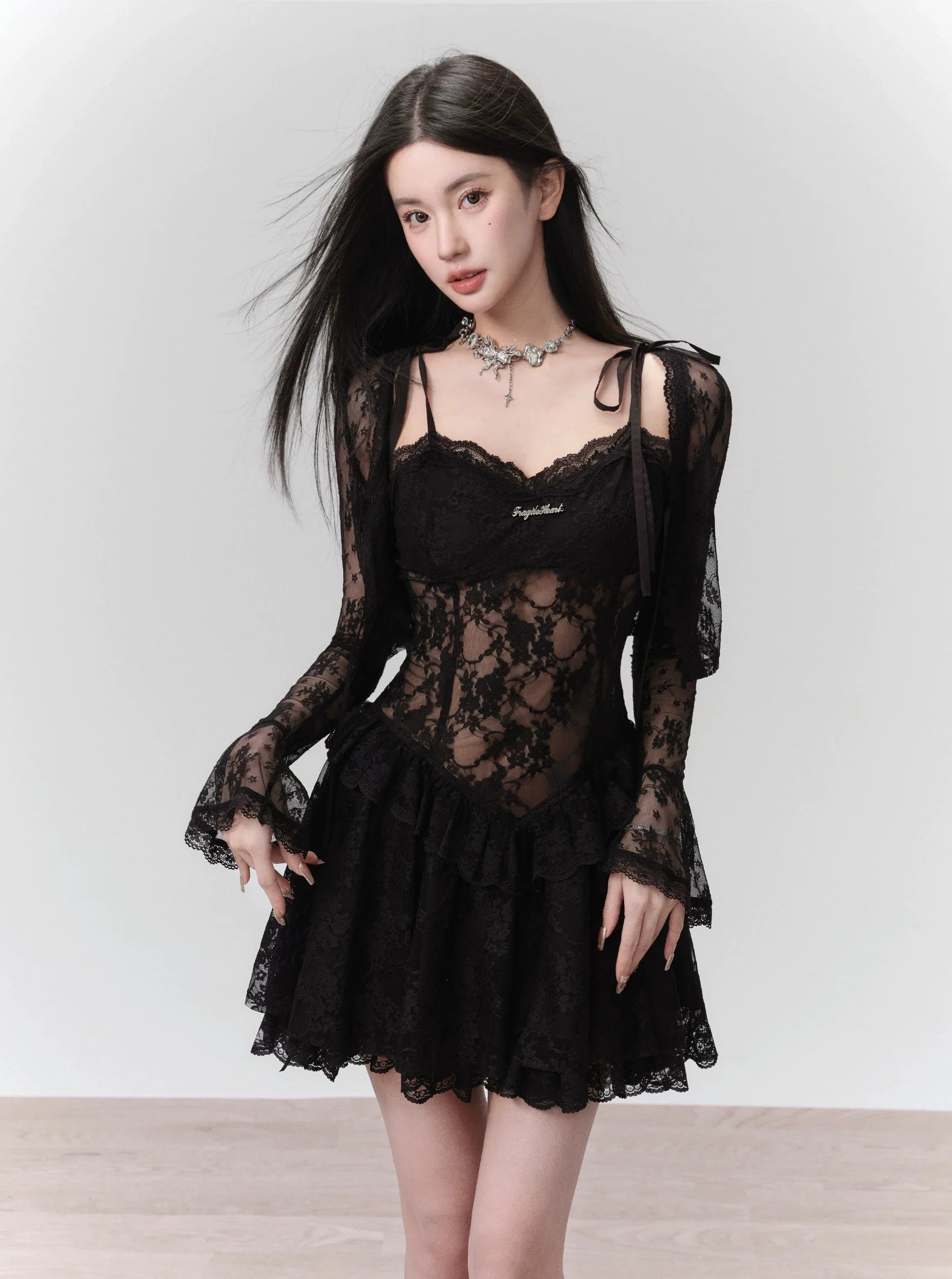 Seductive Black Lace Corset Mini Dress with Tie Straps - sneakershuborg