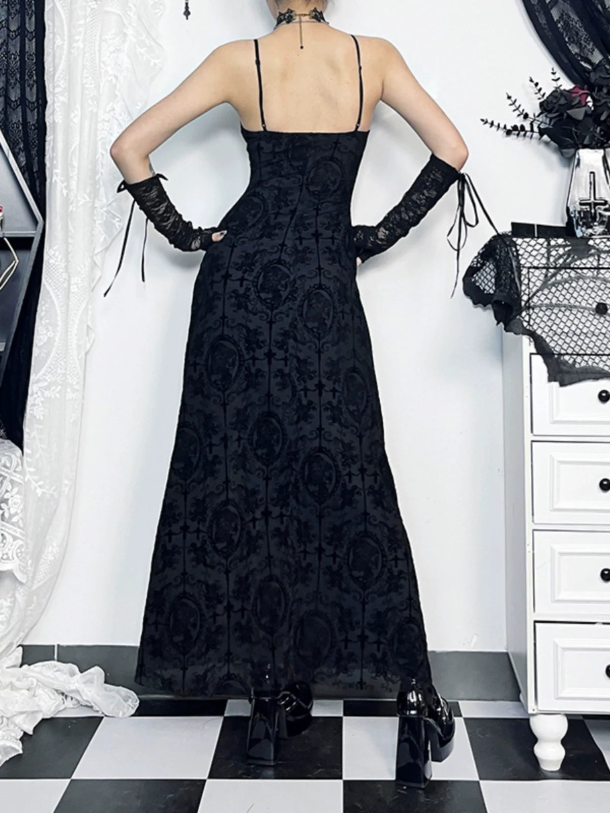 Wannathis Gothic Velvet Maxi Dress - Black Spaghetti Strap Burnout Gown With Lace-Up Arm Warmers - sneakershuborg