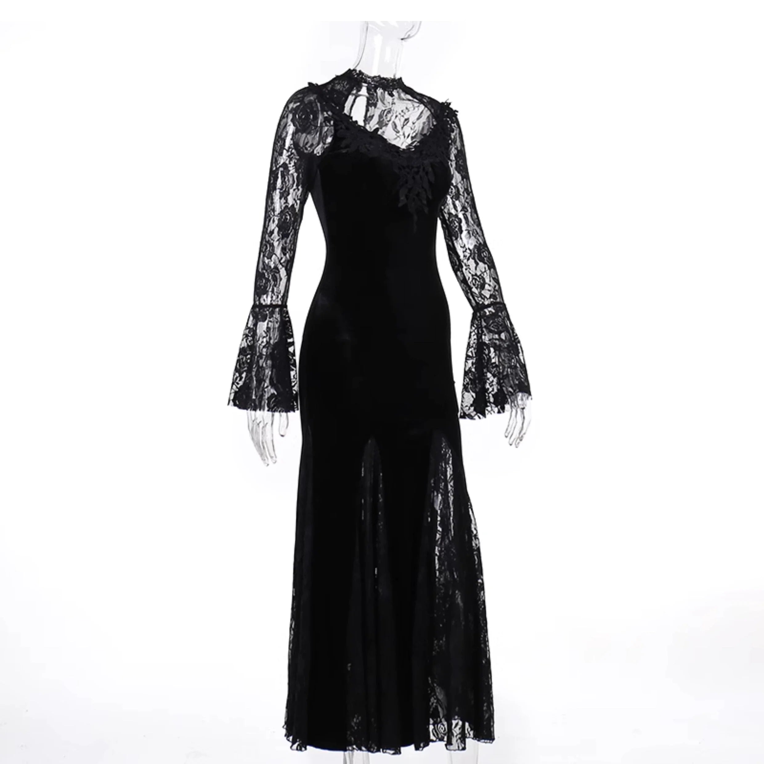 Wannathis Gothic Velvet Mermaid Gown - Long Sleeve Lace Floor-Length Dress With High Collar - sneakershuborg