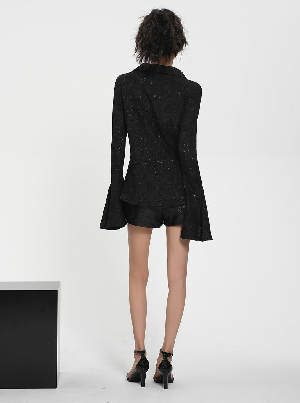 Sultry Black Sequin Mini Dress - Long Bell Sleeve Plunging V-Neck Party Dress sneakershuborg