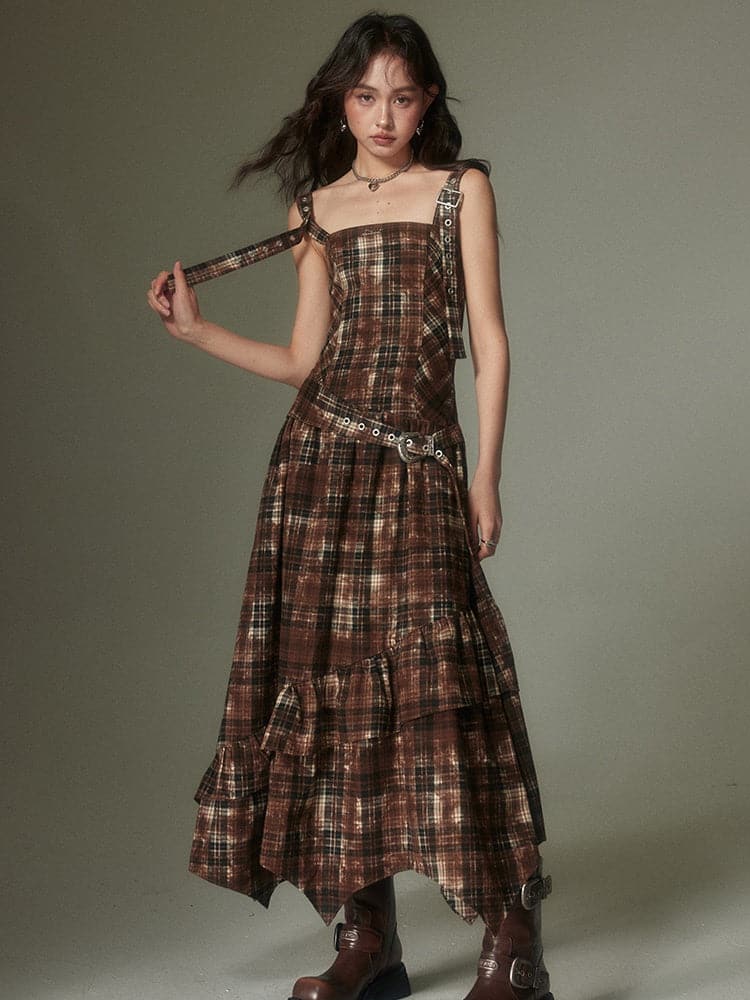 Adjustable Plaid Strap Dress - Retro-Inspired Fashion - sneakershuborg