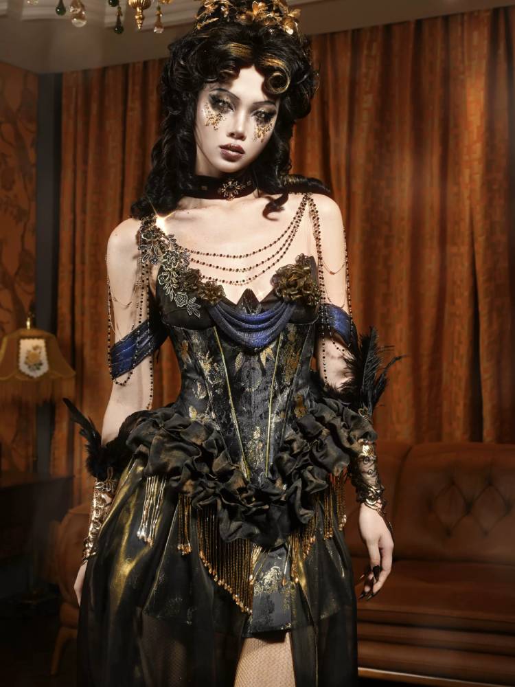 Victorian Steampunk Corset Dress - Gold Satin Gothic Ball Gown sneakershuborg