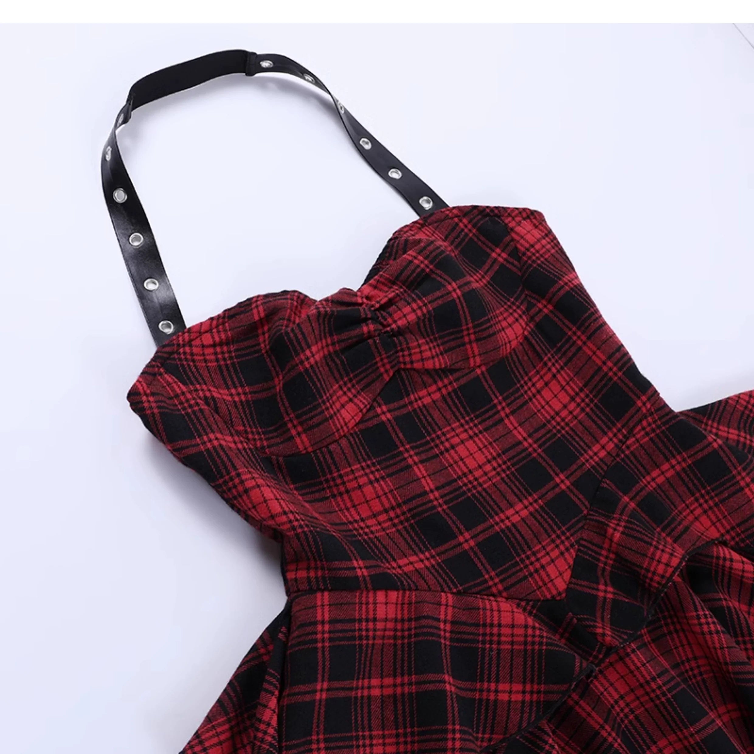 Wannathis Punk Tartan Mini Dress - Red Plaid Ruffle Tiered Goth Dress With Studded Harness - sneakershuborg