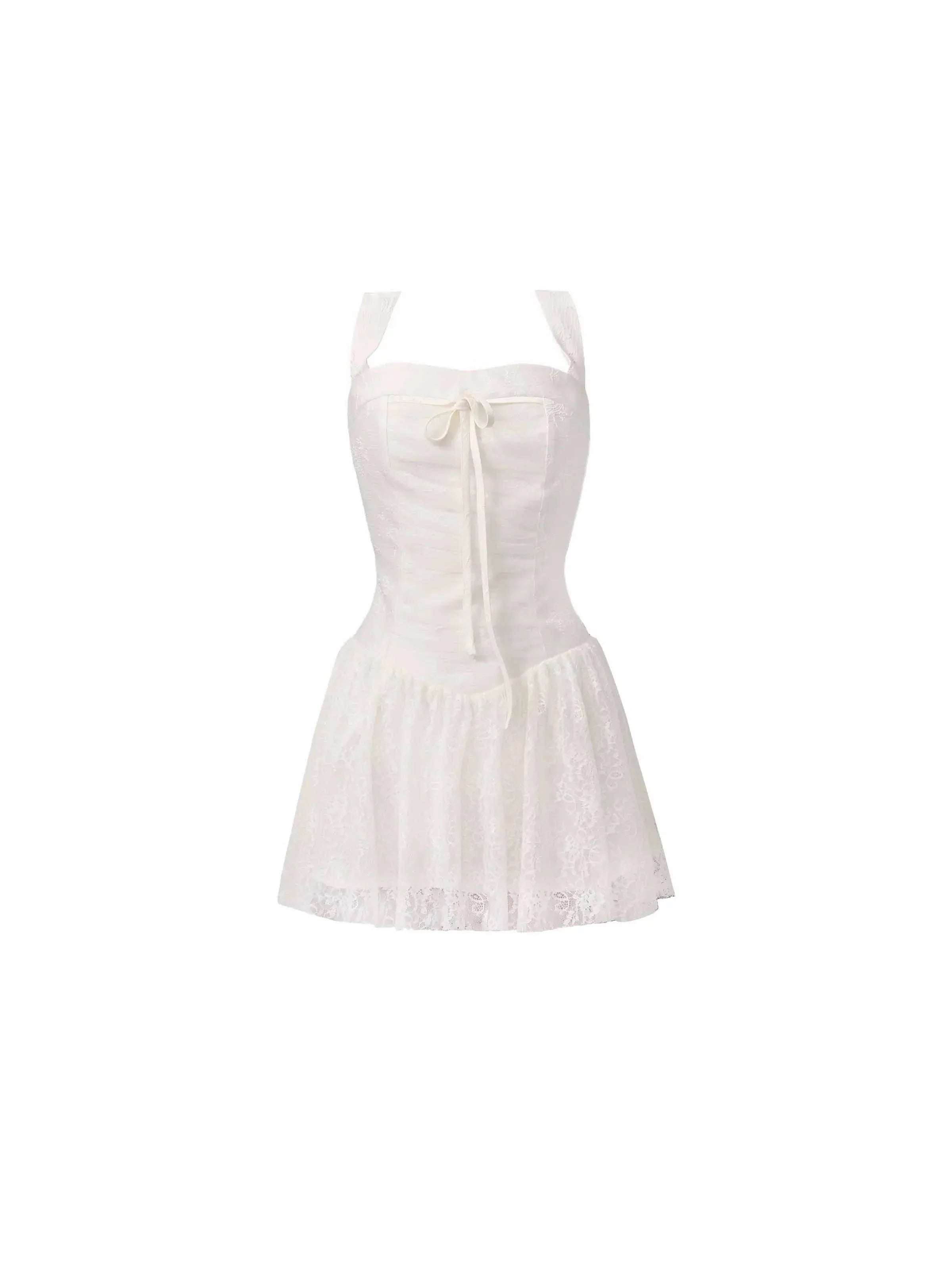 Romantic White Lace Halter Mini Dress with Front Tie sneakershuborg