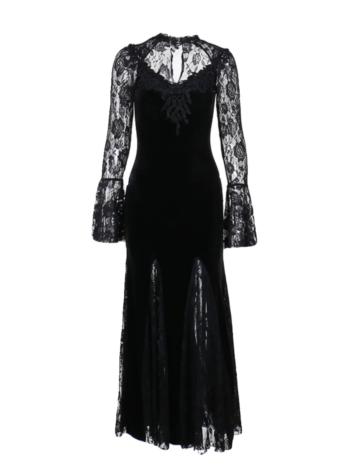 Wannathis Gothic Velvet Mermaid Gown - Long Sleeve Lace Floor-Length Dress With High Collar - sneakershuborg