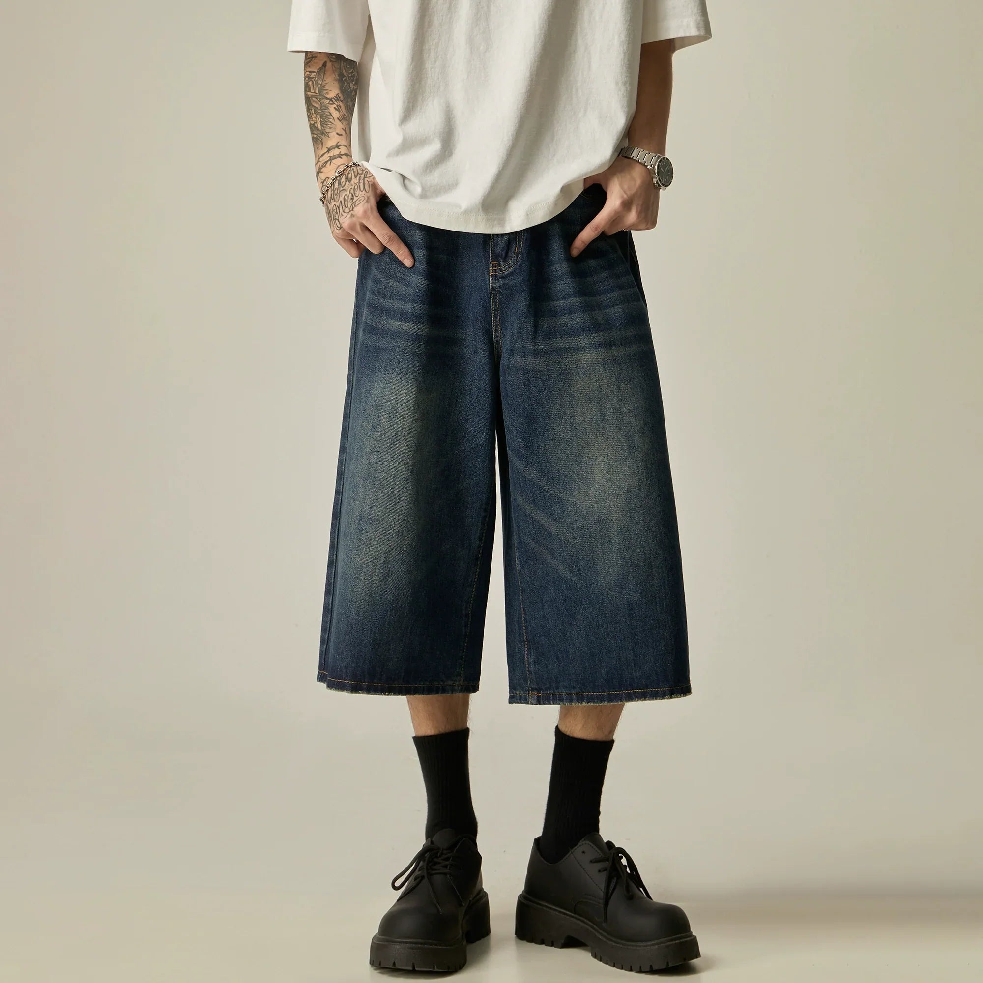 Charcoal Wide-Leg Cropped Denim Culottes sneakershuborg