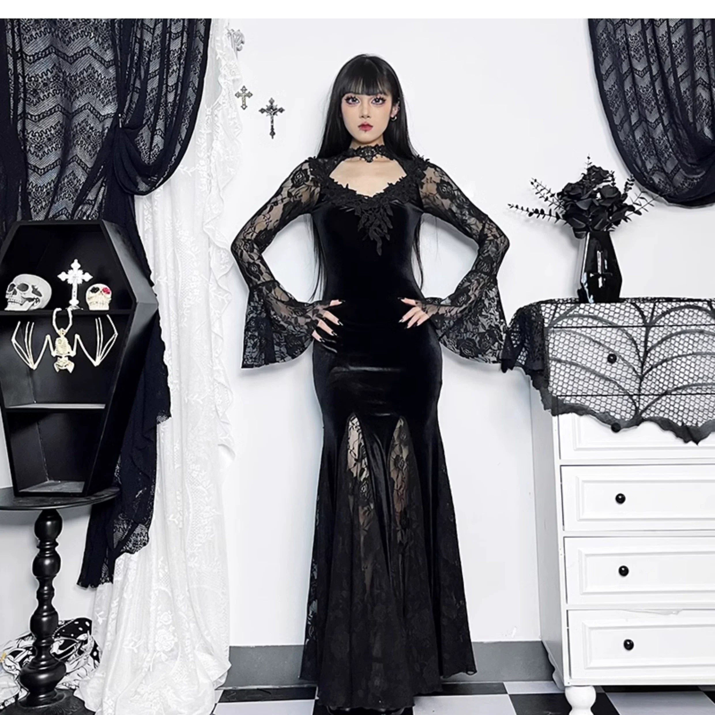 Wannathis Gothic Velvet Mermaid Gown - Long Sleeve Lace Floor-Length Dress With High Collar - sneakershuborg