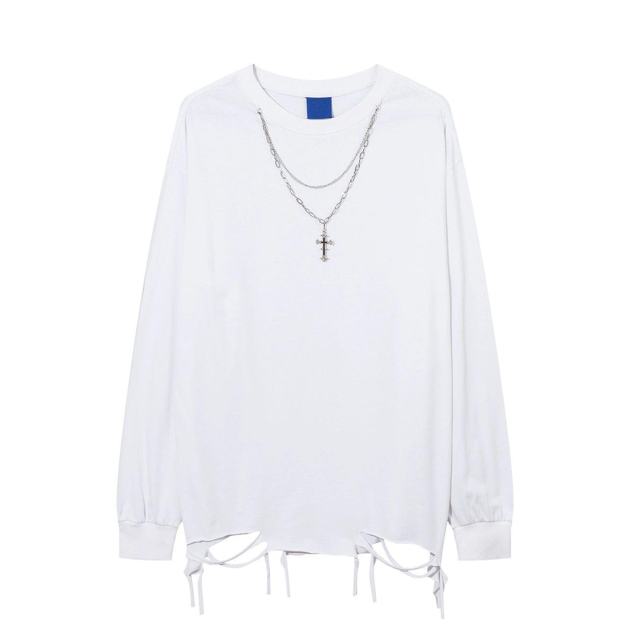 Distressed White Long-Sleeve Tee with Chain Cross Necklace sneakershuborg