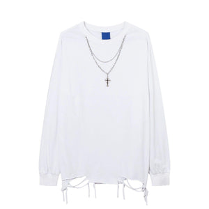 Distressed White Long-Sleeve Tee with Chain Cross Necklace sneakershuborg