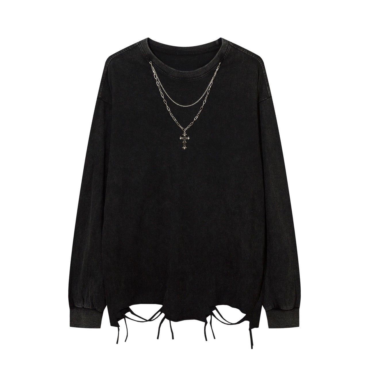 Distressed White Long-Sleeve Tee with Chain Cross Necklace sneakershuborg