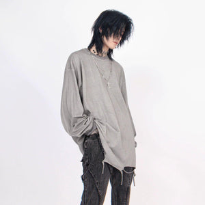 Distressed White Long-Sleeve Tee with Chain Cross Necklace sneakershuborg