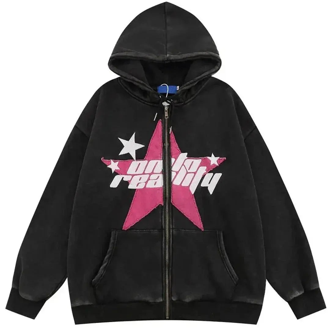 Black Embroidery Star Zipper Hoodie - sneakershuborg