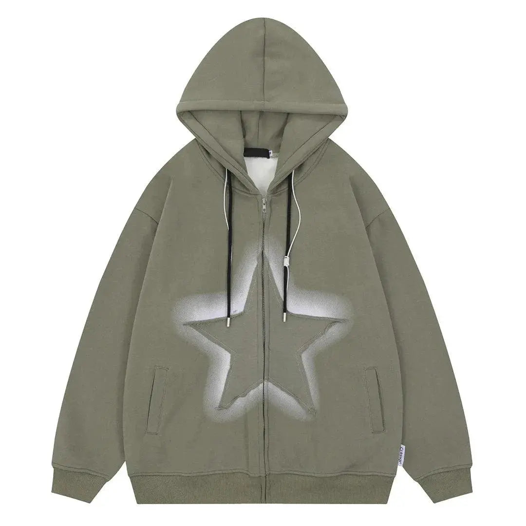 Embroidered Star Zipper Green Hoodie - sneakershuborg