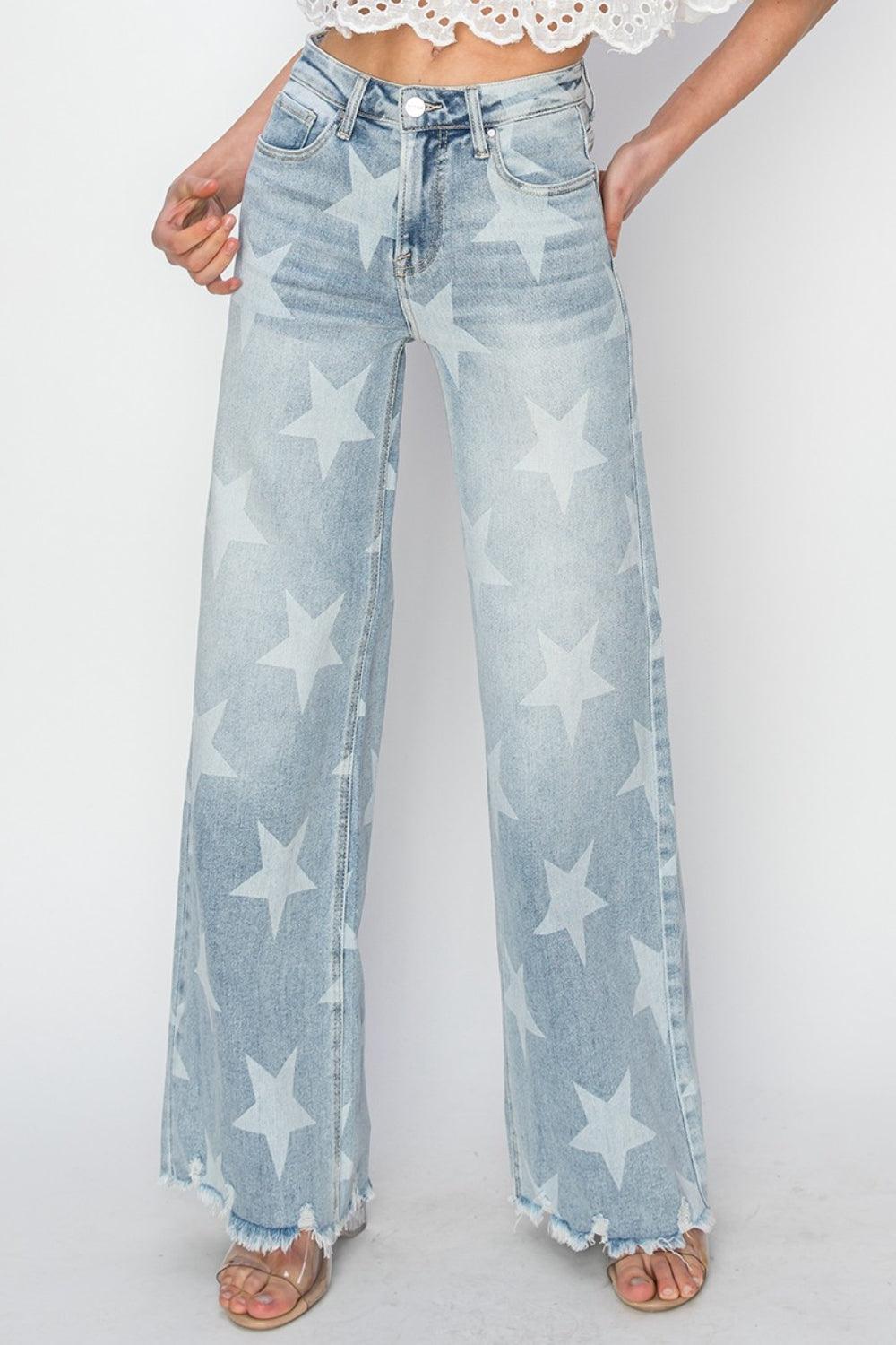 RISEN Full Size Raw Hem Star Wide Leg Jeans - sneakershuborg