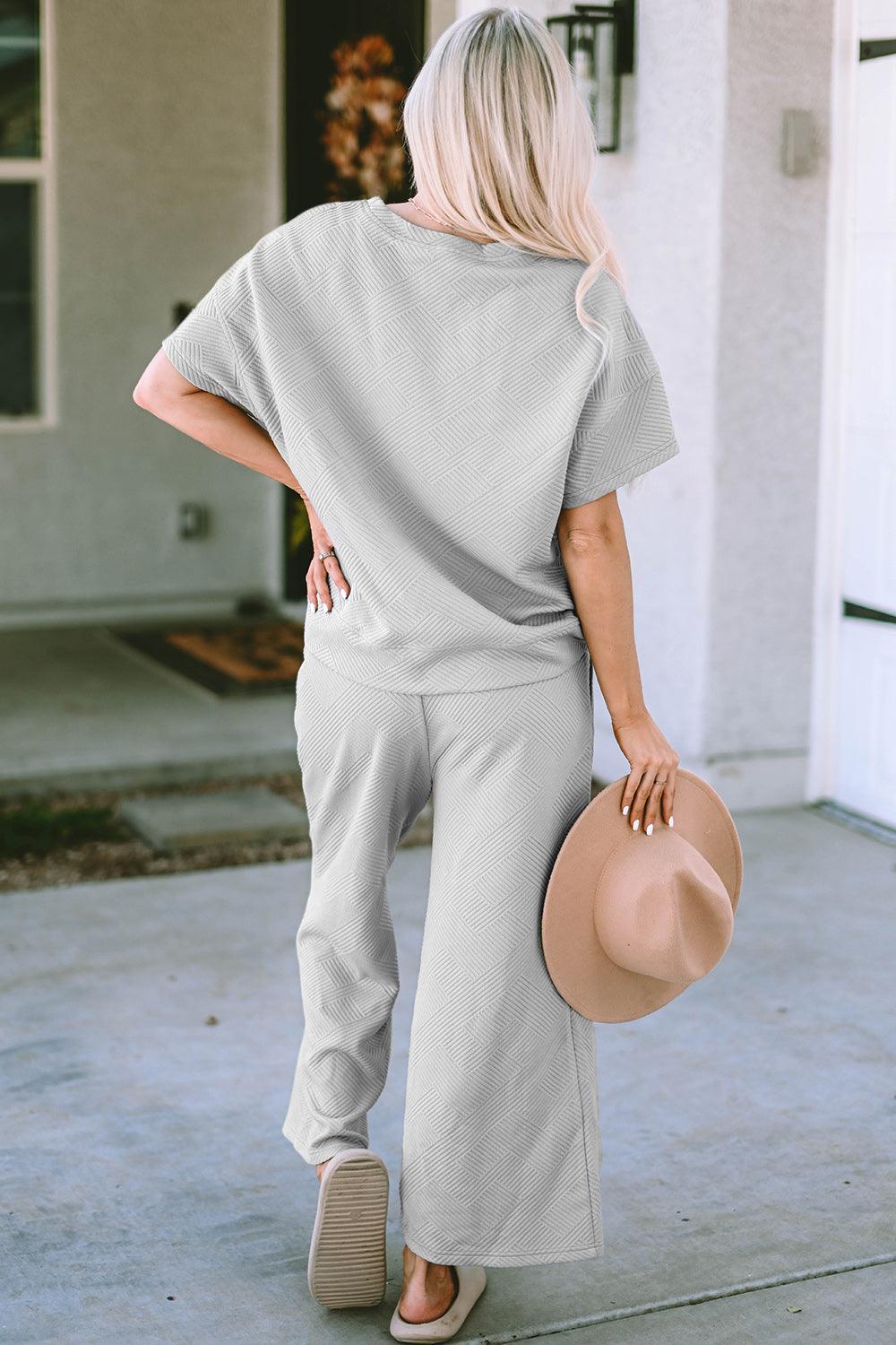 Double Take Full Size Texture Short Sleeve Top and Pants Set - sneakershuborg