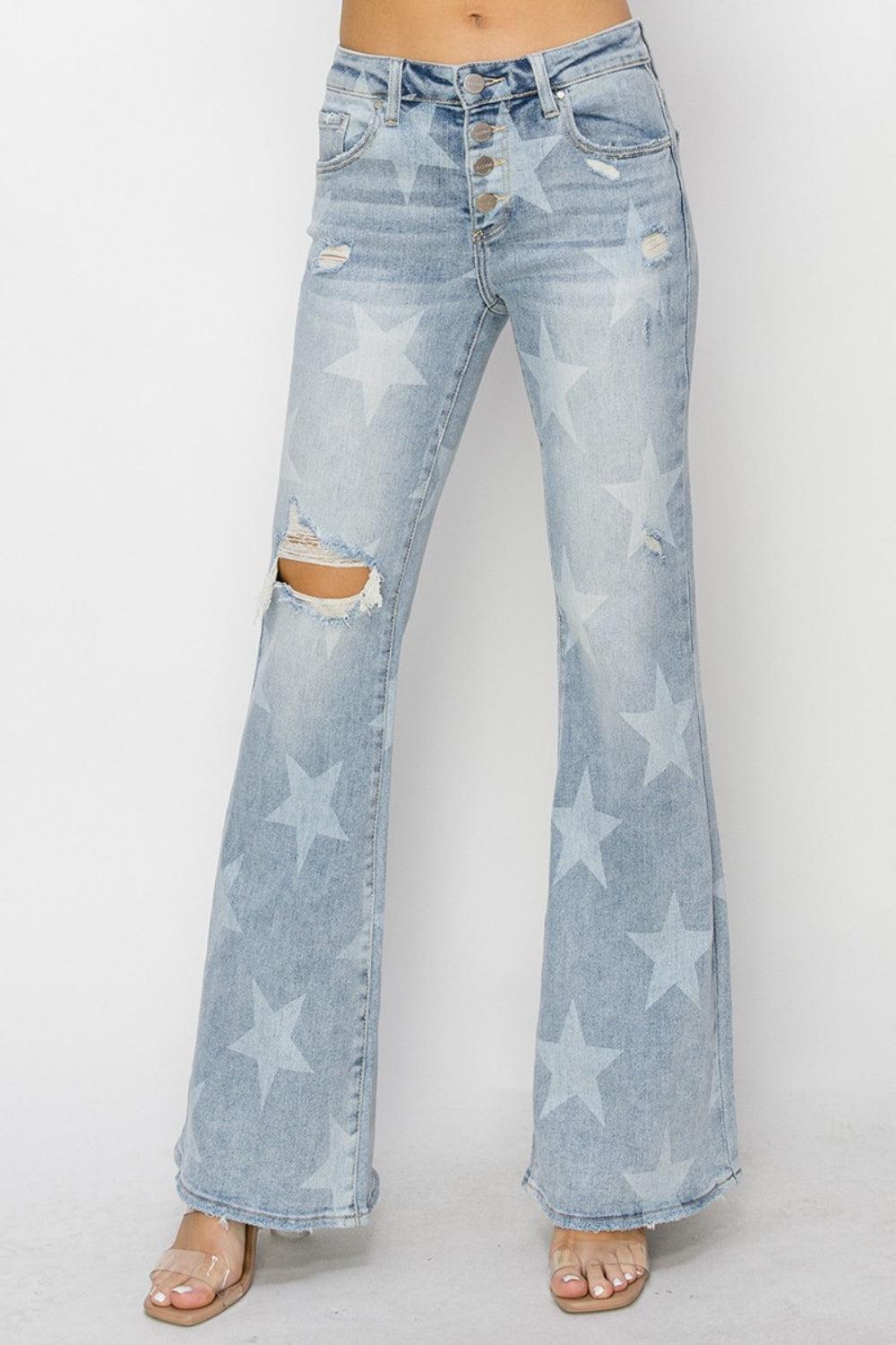 RISEN Mid Rise Button Fly Start Print Flare Jeans - sneakershuborg