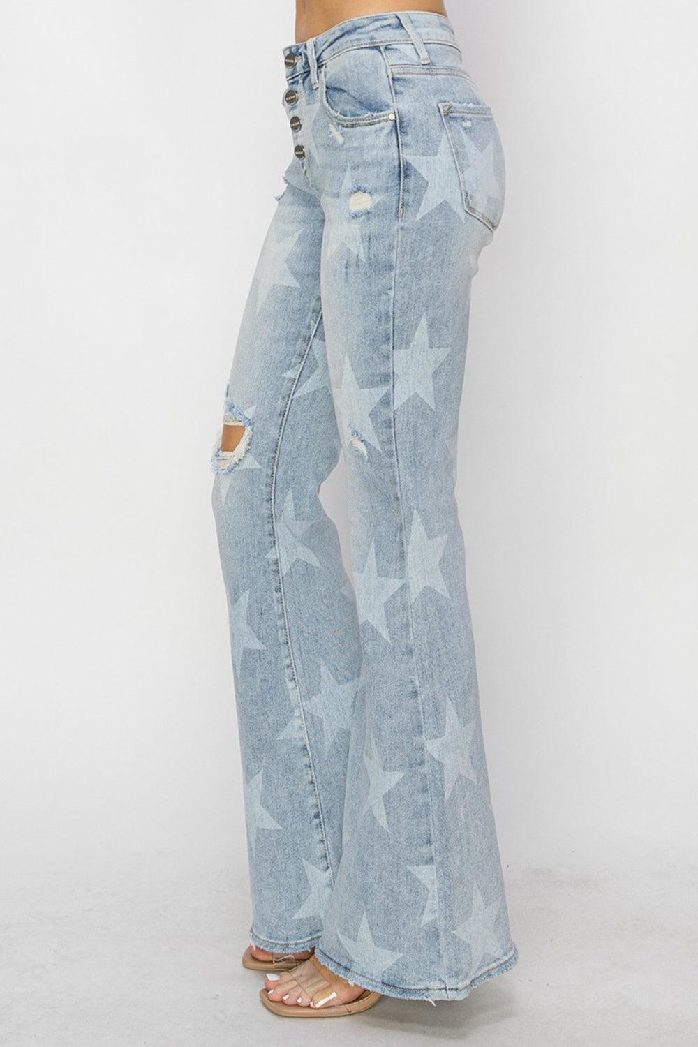 RISEN Mid Rise Button Fly Start Print Flare Jeans - sneakershuborg