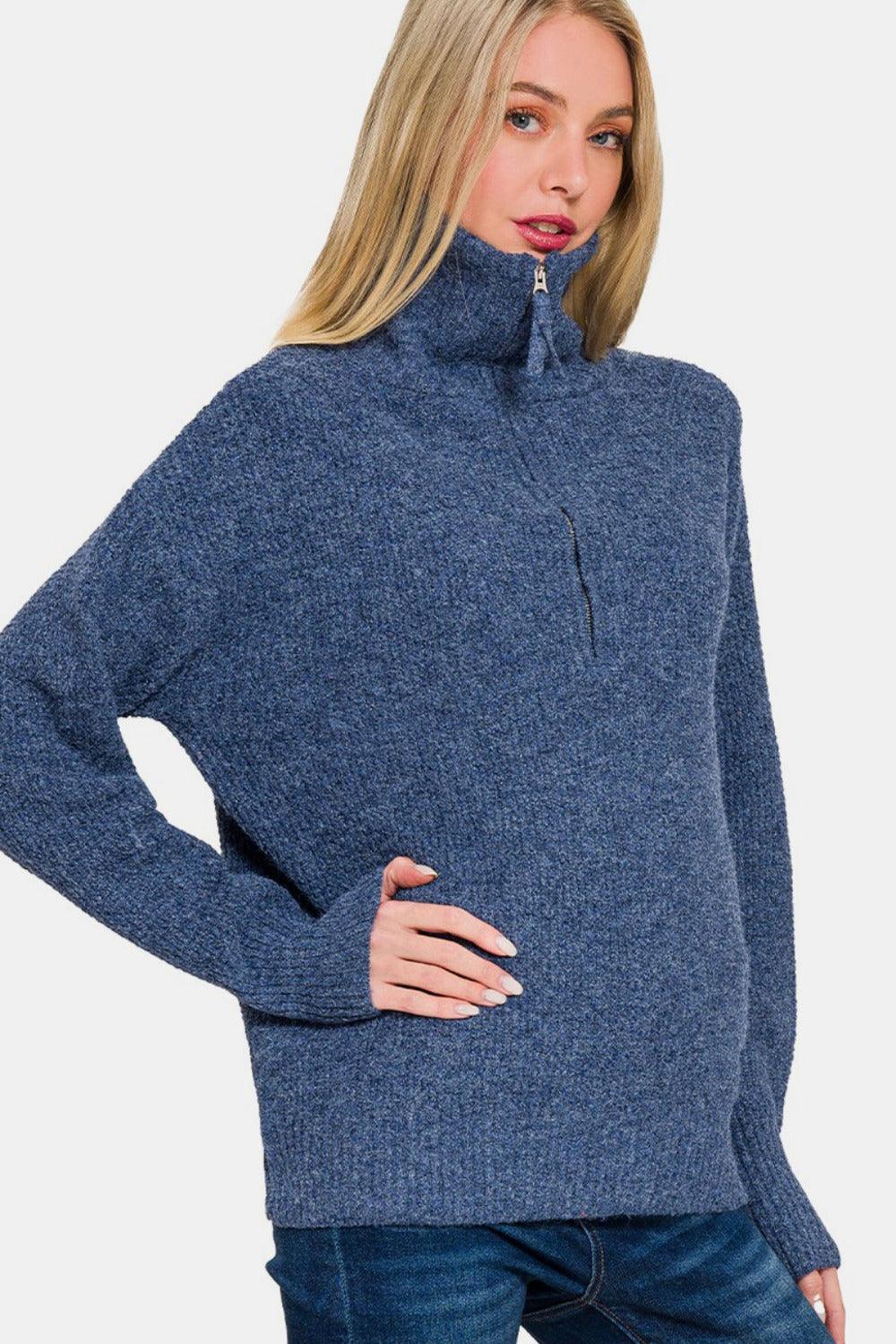 Zenana Half Zip Long Sleeve Sweater Trendsi