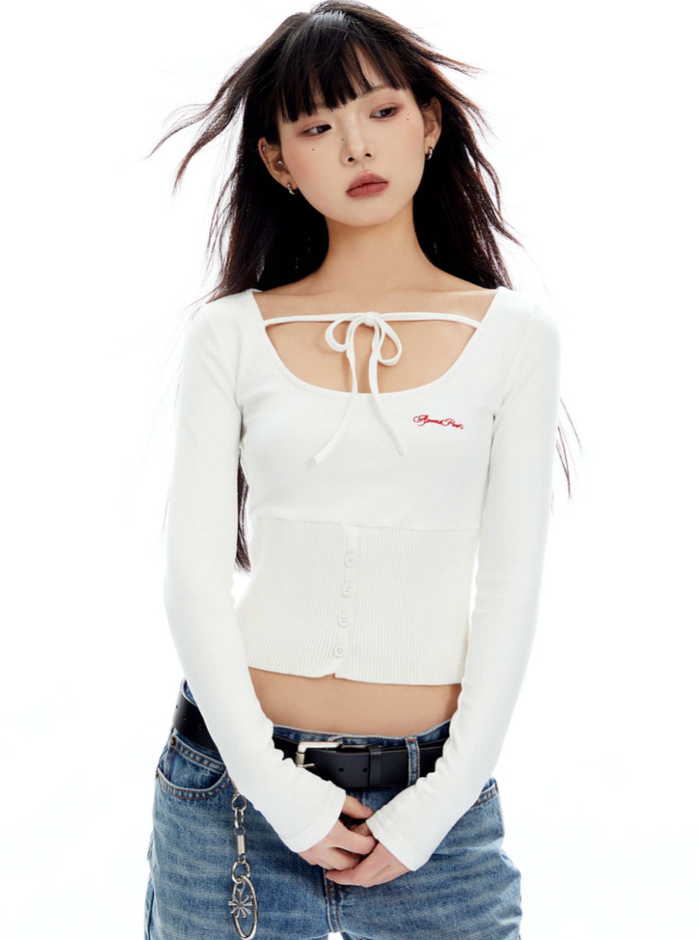 White Tie-Front Corset-Style Long Sleeve Crop Top sneakershuborg