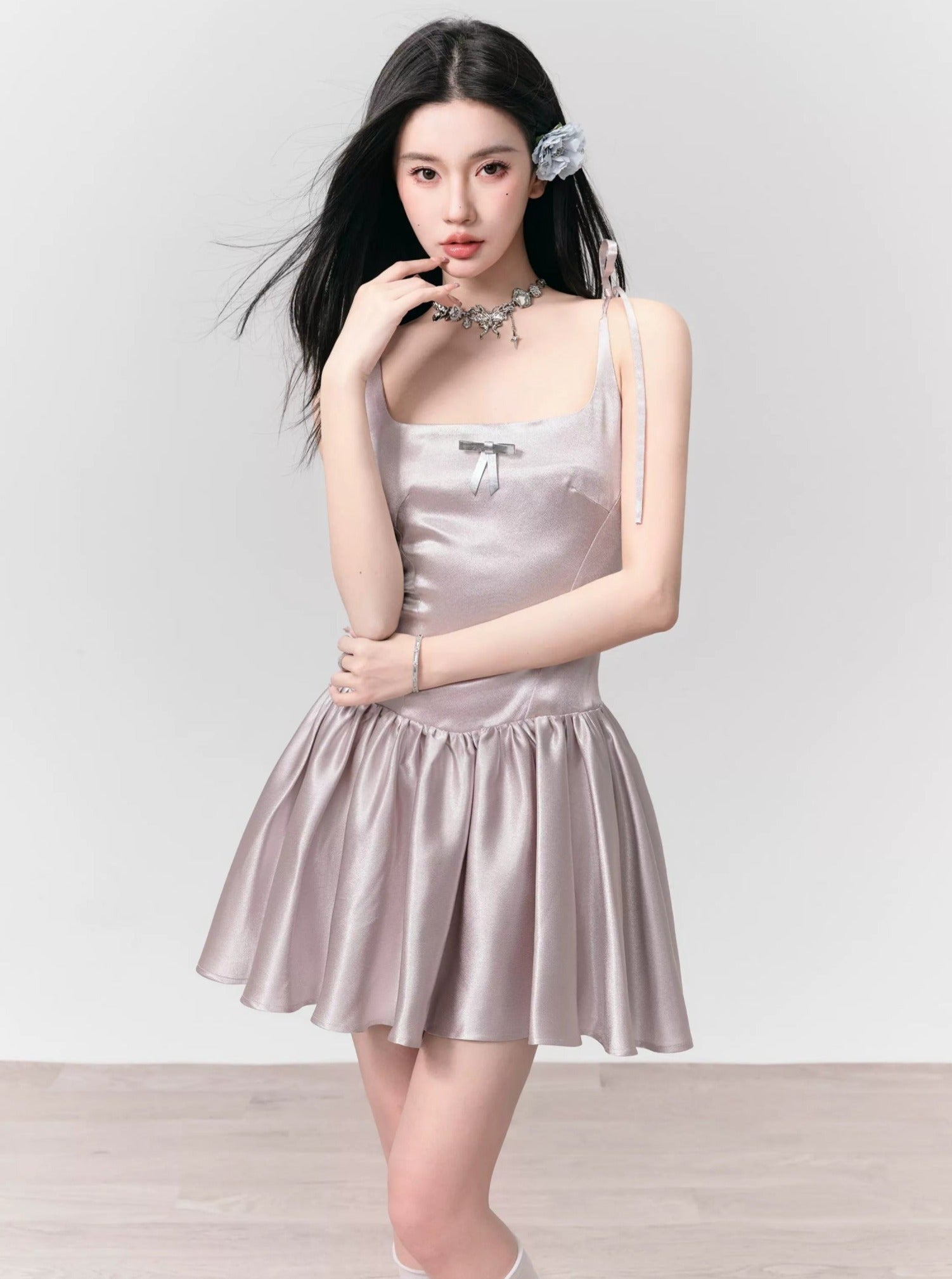 Silvery Gray Satin Mini Dress with Tie Straps sneakershuborg