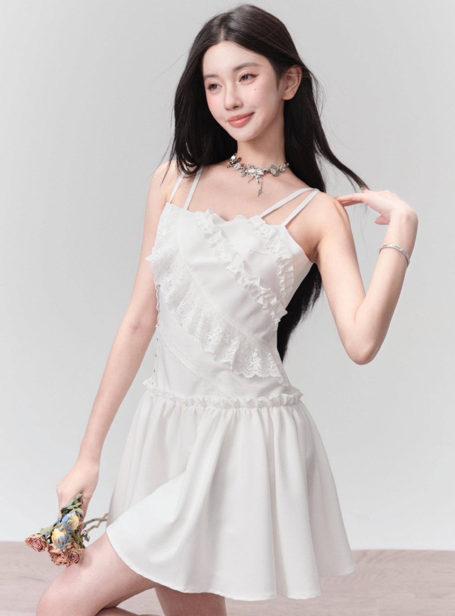 Romantic Eyelet Lace Mini Dress - White Summer Spaghetti Strap Sundress sneakershuborg