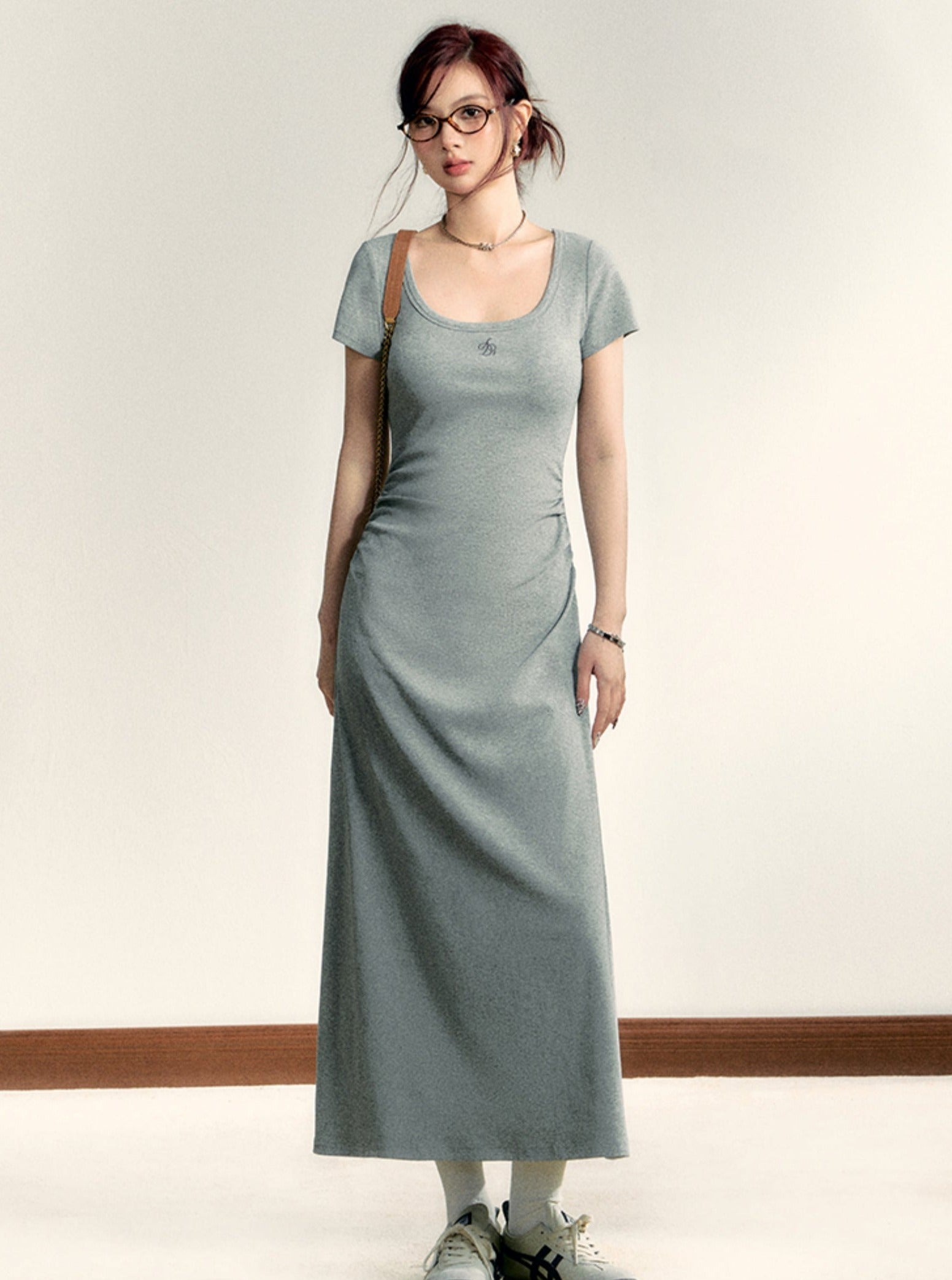 Scoop Neck Maxi T-Shirt Dress - Casual Side Ruched Jersey Knit Gown sneakershuborg