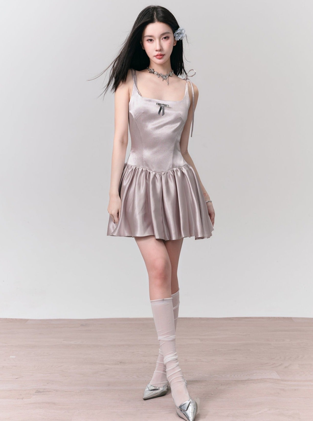 Silvery Gray Satin Mini Dress with Tie Straps sneakershuborg