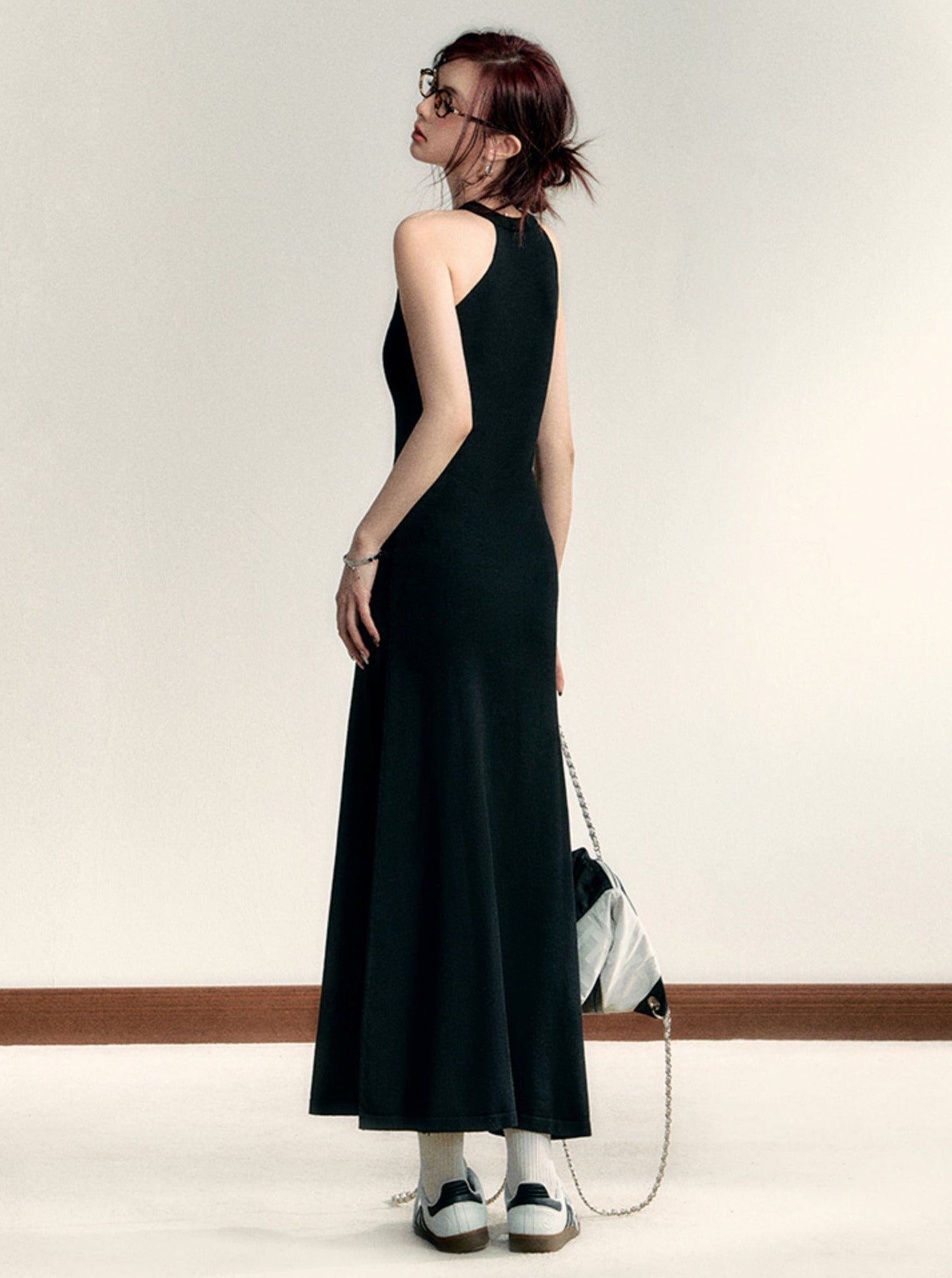 Sleek Halter Neck Maxi Dress: Fitted Black Evening Gown with Minimalist Logo Detail sneakershuborg