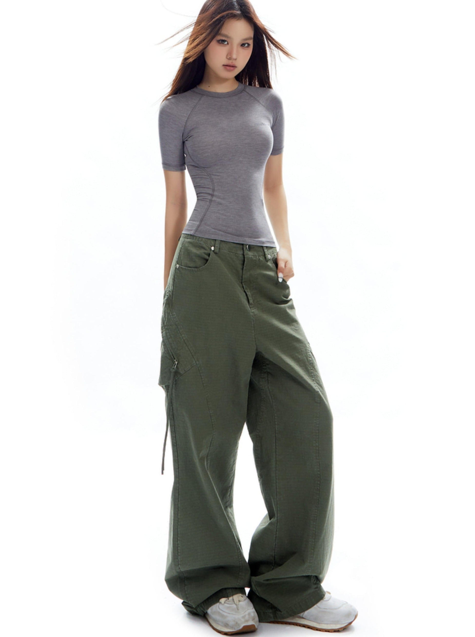 Wide-Leg Olive Green Cargo Pants - sneakershuborg