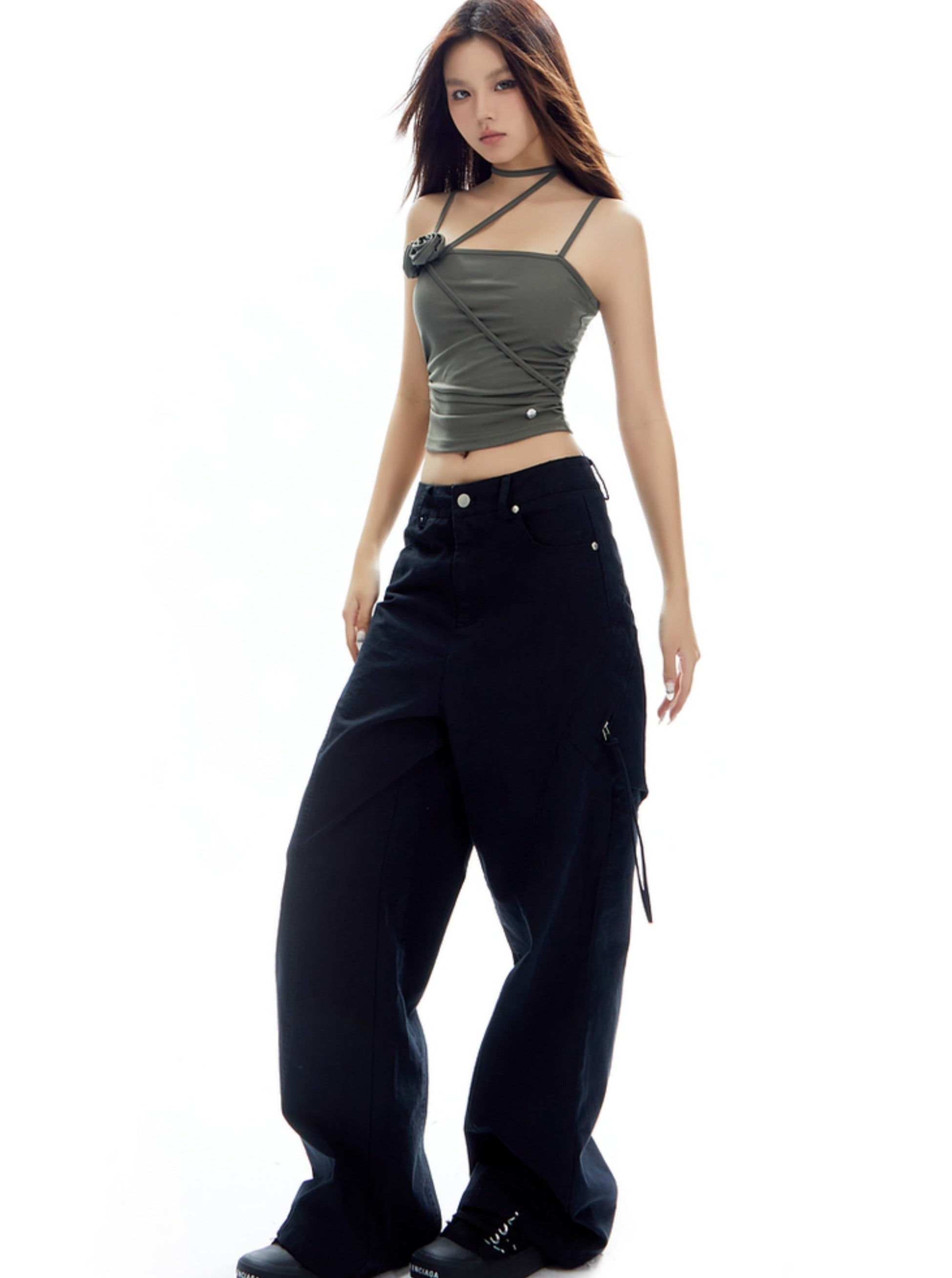 Wide-Leg Olive Green Cargo Pants - sneakershuborg