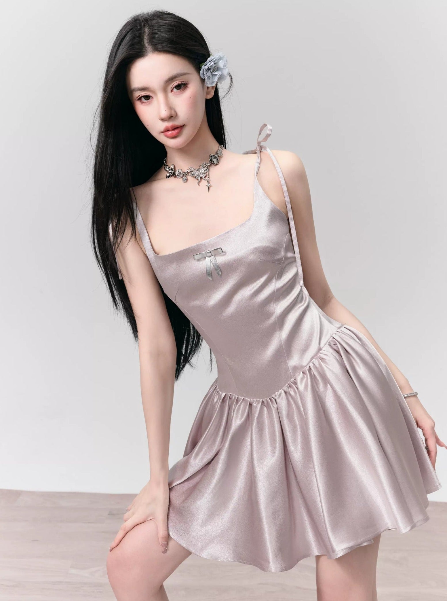 Silvery Gray Satin Mini Dress with Tie Straps sneakershuborg