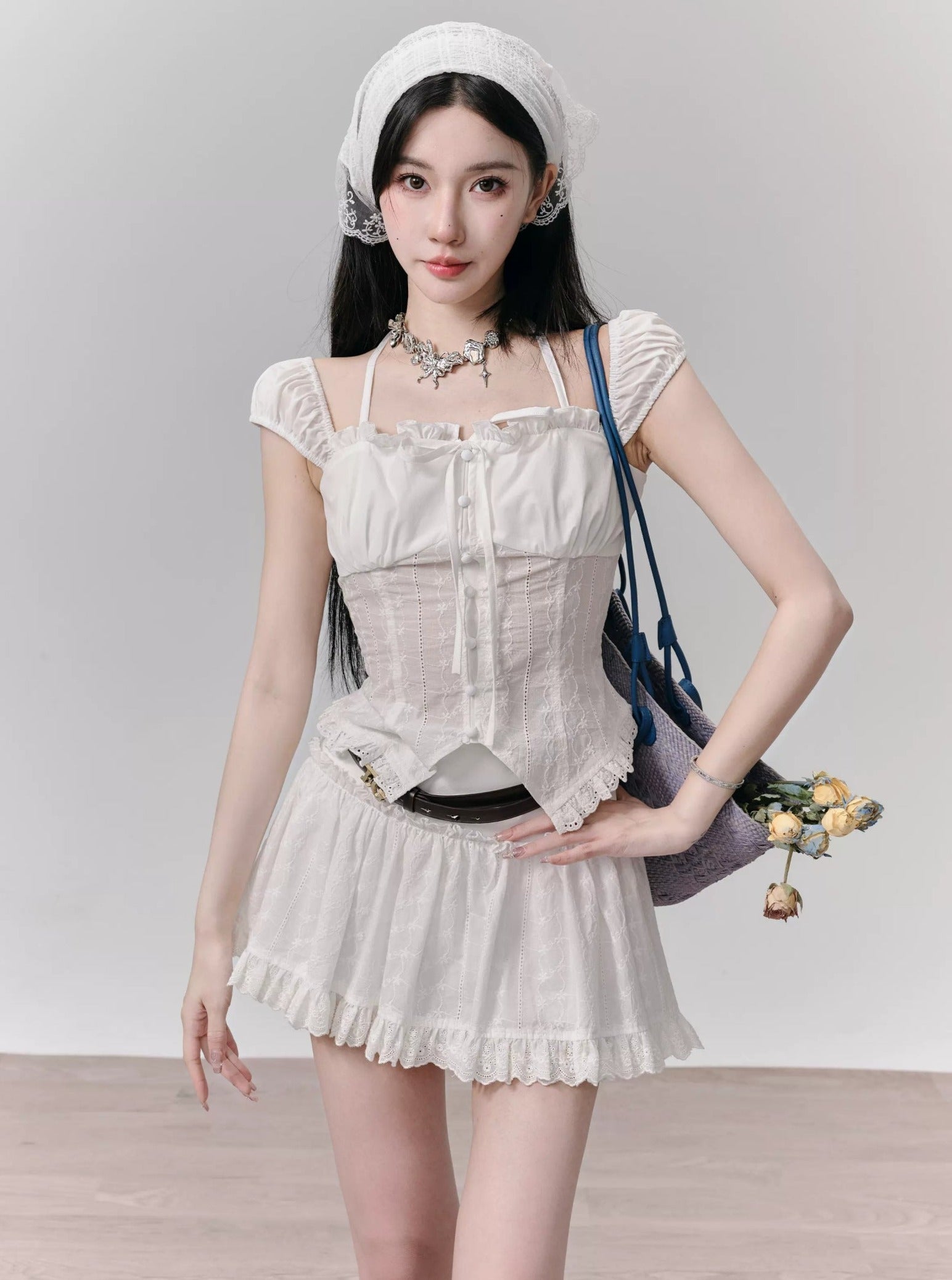 White Ruffle Trim Mini Skirt and Peasant Blouse Set sneakershuborg