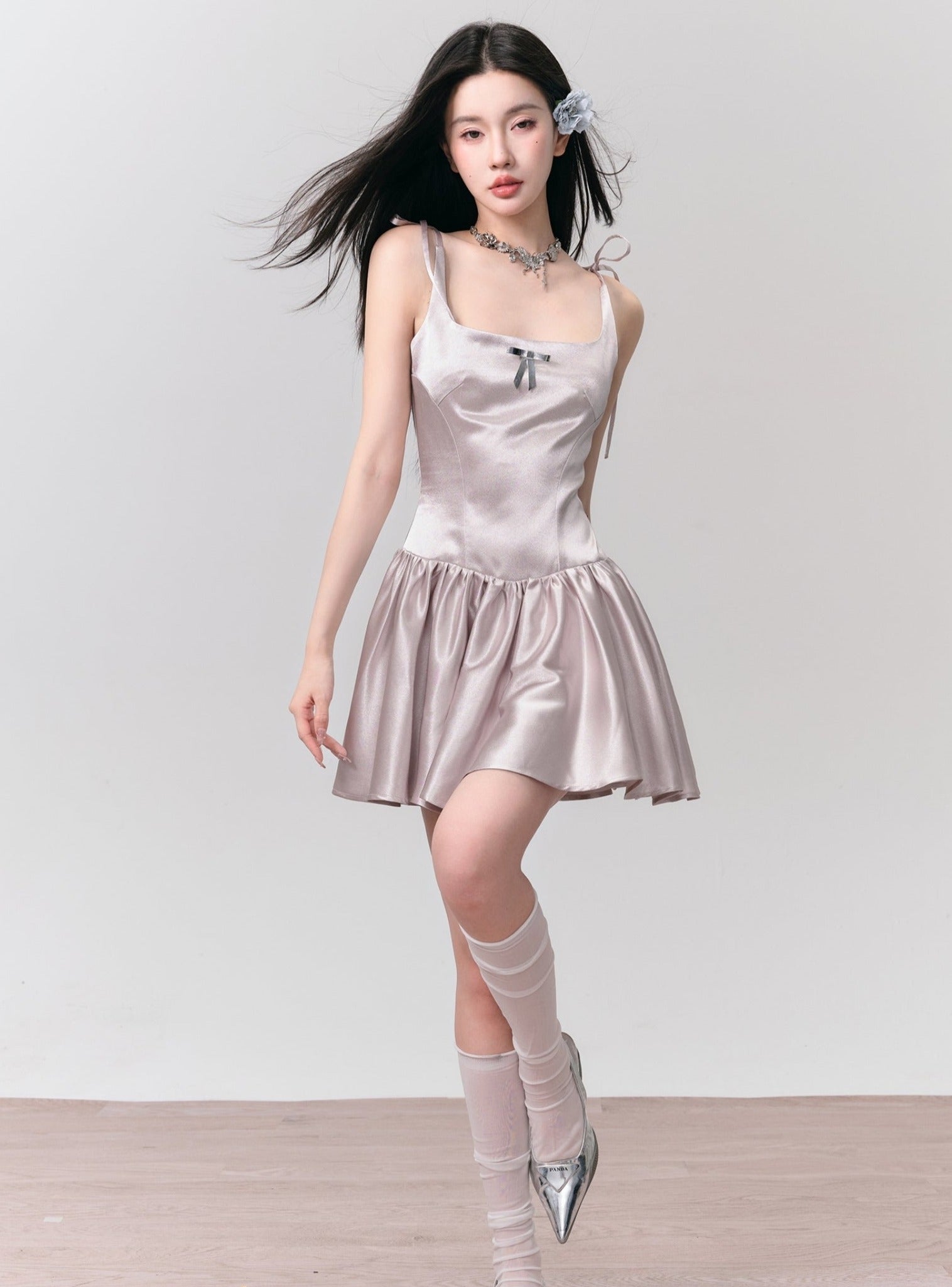 Silvery Gray Satin Mini Dress with Tie Straps sneakershuborg