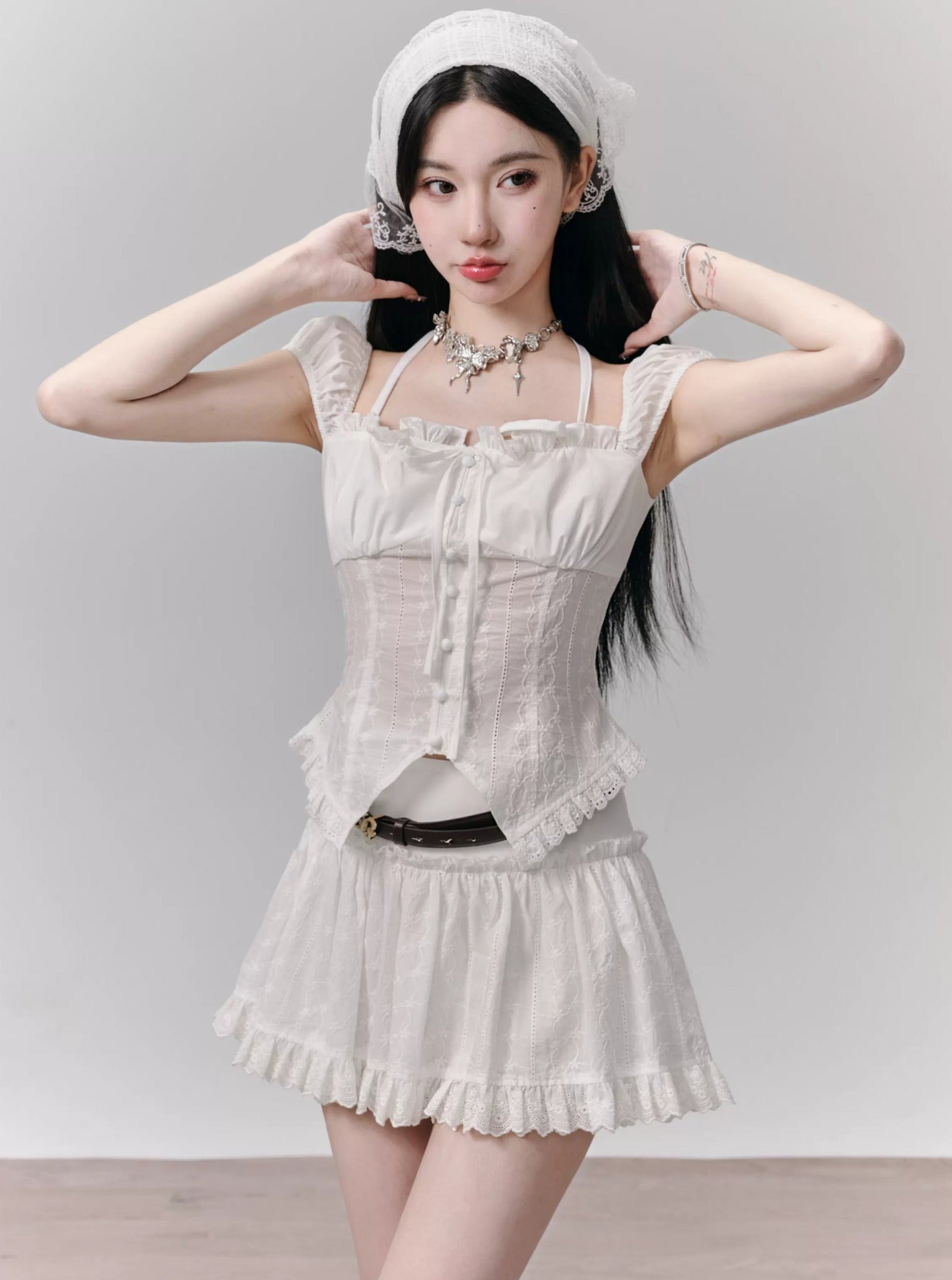 White Ruffle Trim Mini Skirt and Peasant Blouse Set sneakershuborg