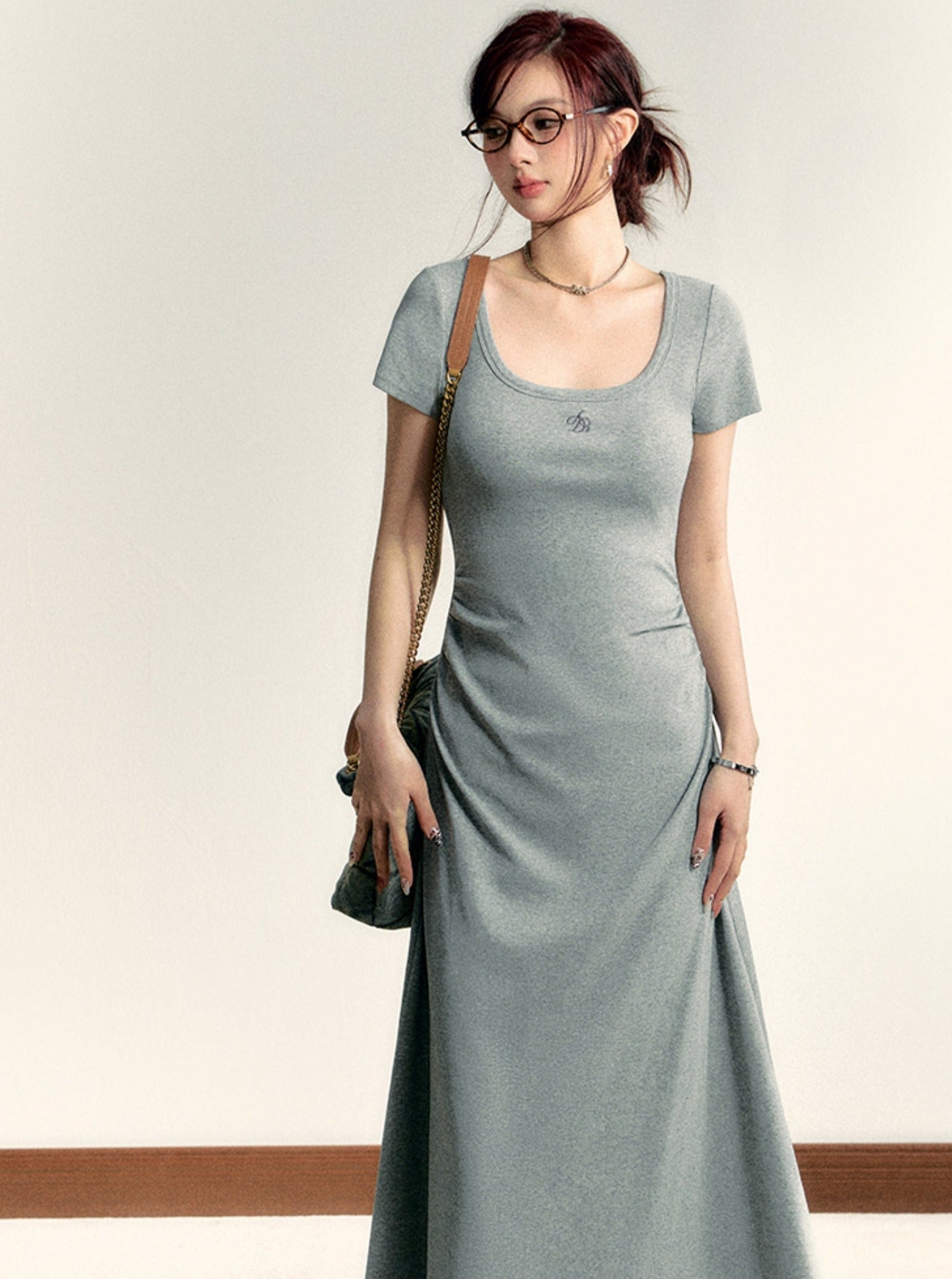 Scoop Neck Maxi T-Shirt Dress - Casual Side Ruched Jersey Knit Gown sneakershuborg