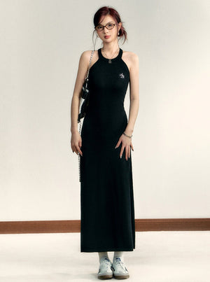 Sleek Halter Neck Maxi Dress: Fitted Black Evening Gown with Minimalist Logo Detail sneakershuborg